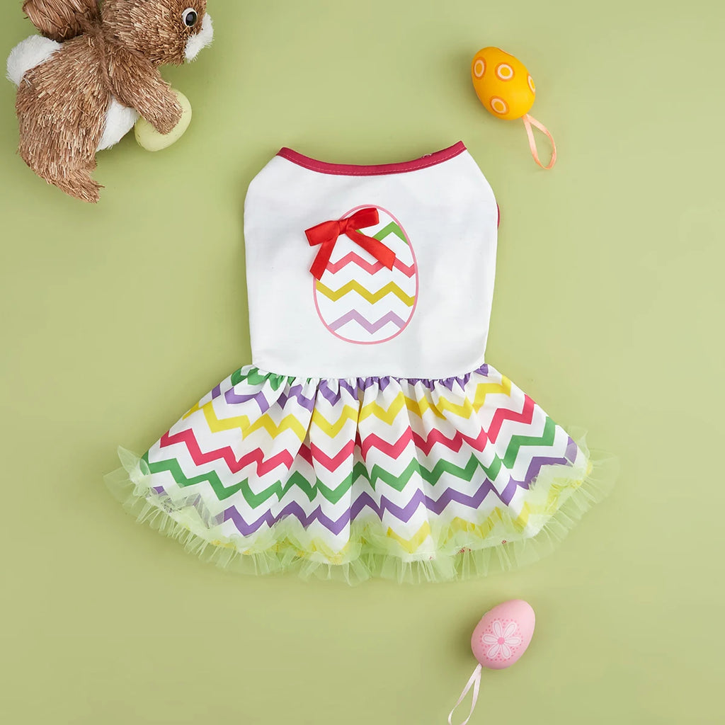 Easter Pet Dress with Colorful Egg & Bow, Rainbow Tulle Skirt, Elastic Waist, Cute