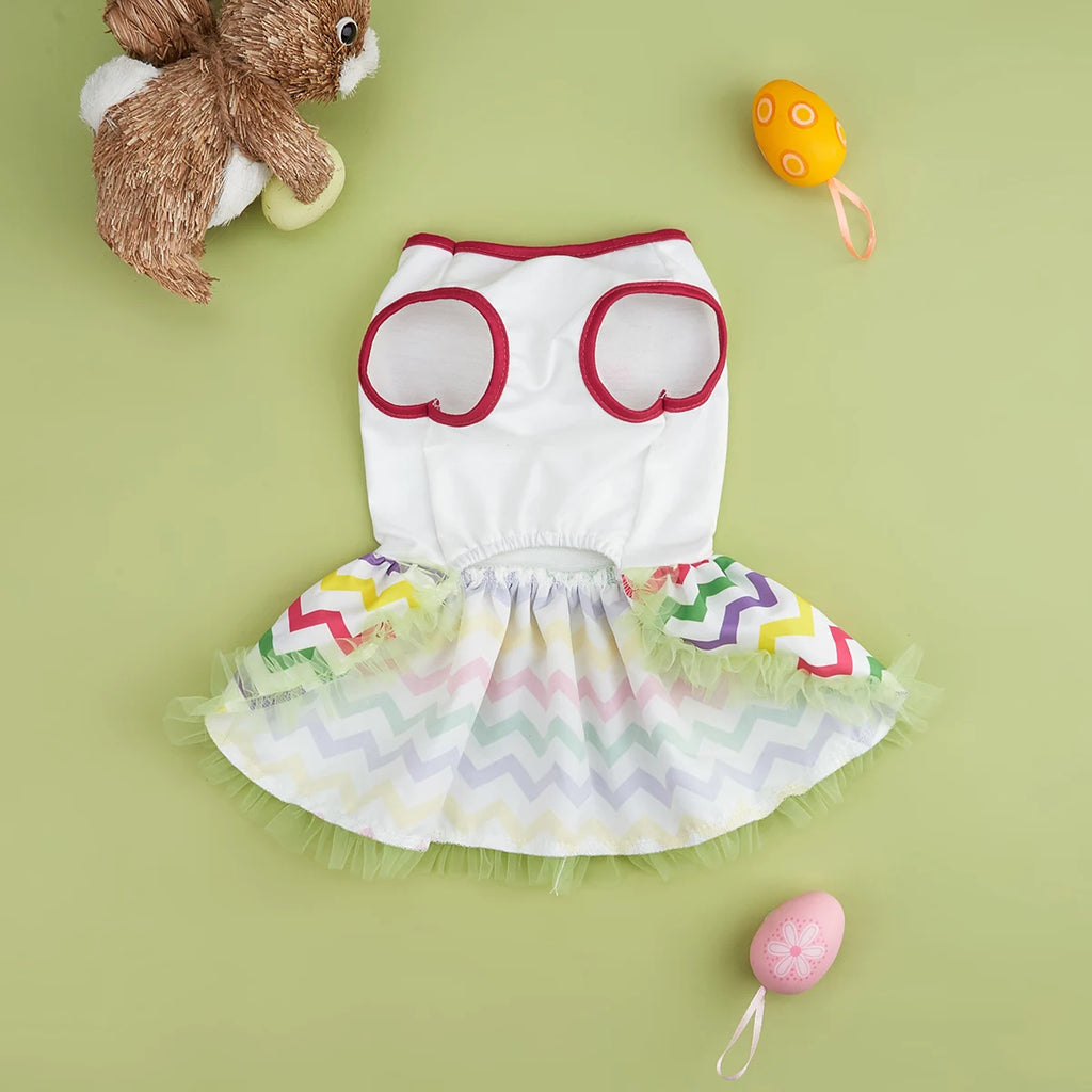 Easter Pet Dress with Colorful Egg & Bow, Rainbow Tulle Skirt, Elastic Waist, Cute