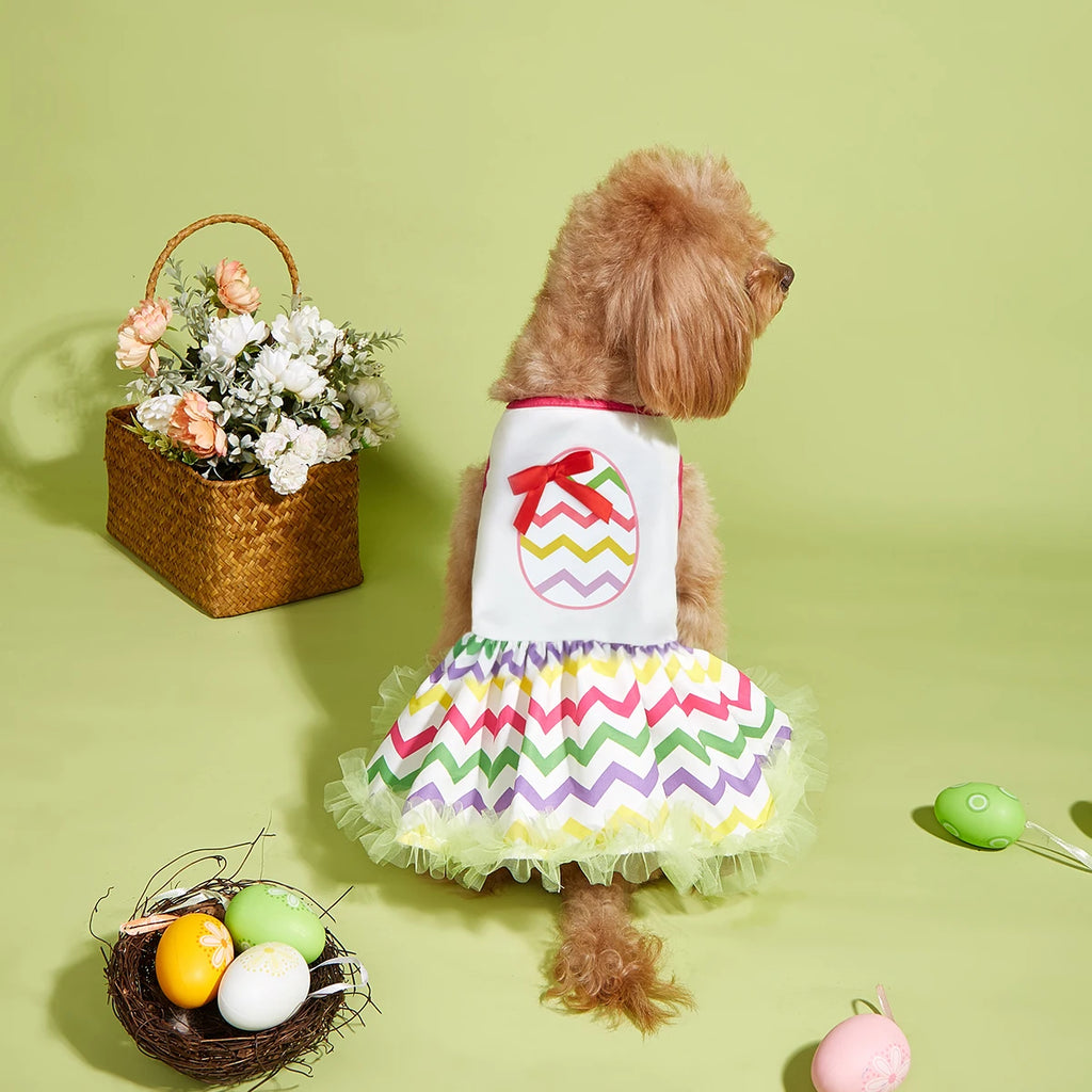 Easter Pet Dress with Colorful Egg & Bow, Rainbow Tulle Skirt, Elastic Waist, Cute